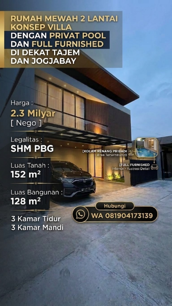 Rumah Mewah 2 Lantai Konsep Villa dengan Private Pool di Wedomartani dekat Jogjabay
