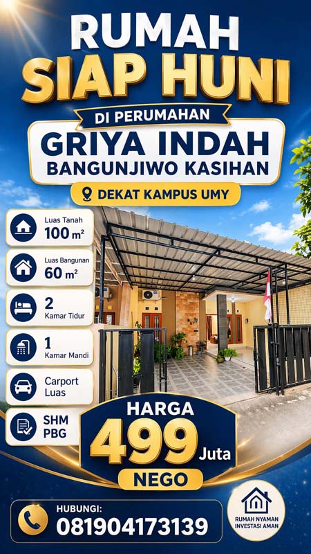 Rumah Minimalis Siap Huni di Perum Griya Indah Bangunjiwo dkt UMY