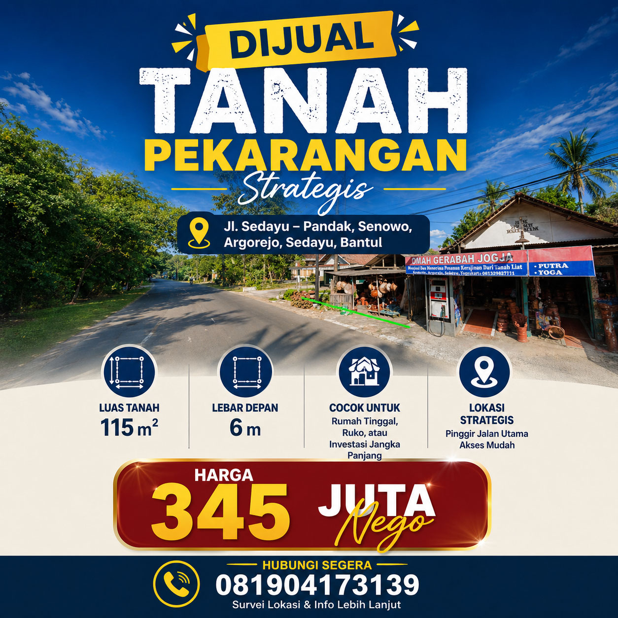 Tanah pekarangan strategis di pinggir jalan utama Jl. Sedayu – Pandak