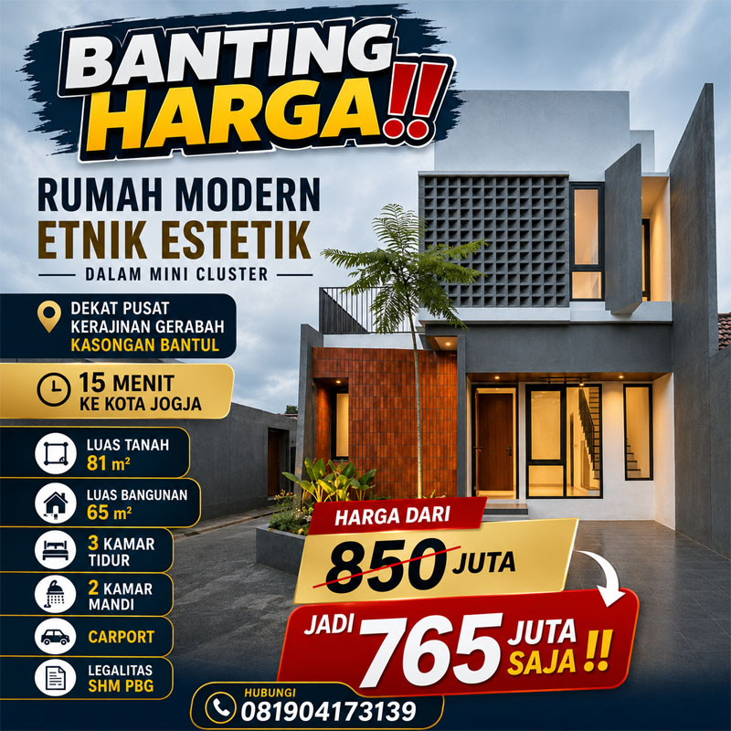 Rumah Modern Etnik Estetik dalam mini cluster di Kasongan