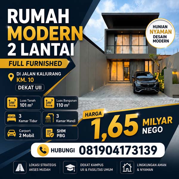 Rumah 2 lantai Full Furnished di Jalan Kaliurang KM 10 dekat UII dan UGM