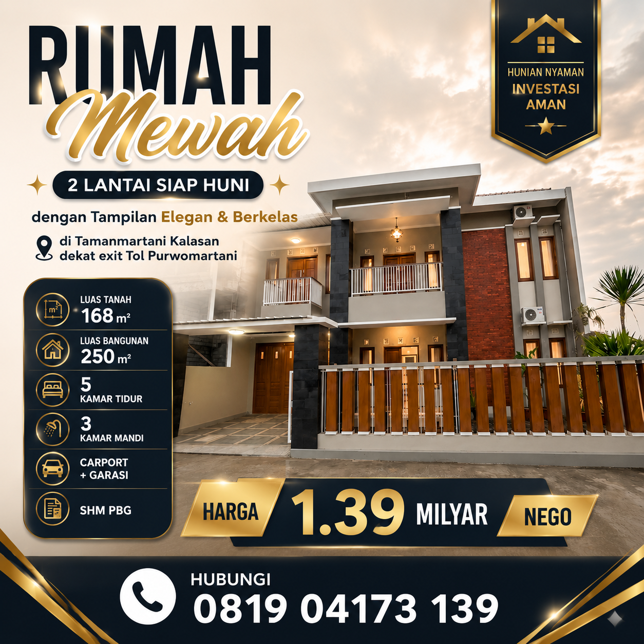 Rumah 2 lantai Semi Furnished Tanah Luas Tamanmartani dekat Exit Tol Purwomartani