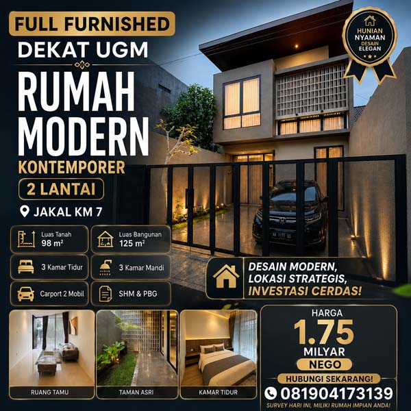 Rumah 2 Lantai Kontemporer Full Furnished Dekat UGM