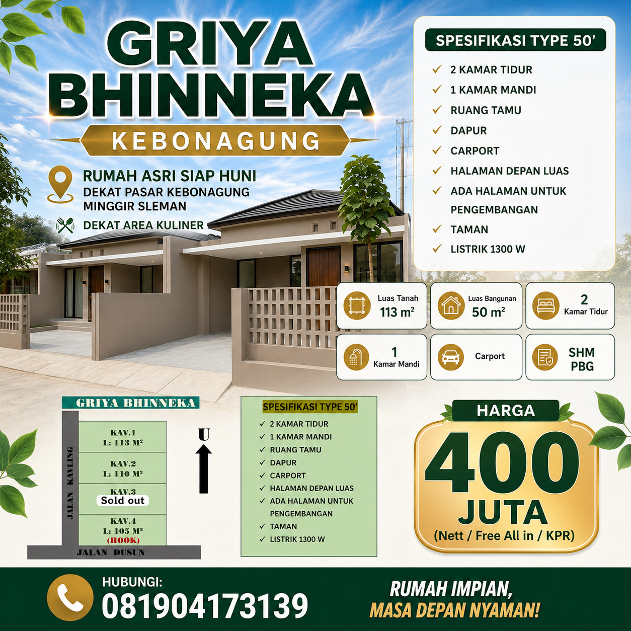 Griya Bhinneka - Rumah Cantik Minimalis Modern dekat Pasar Kebonagung Minggir Sleman
