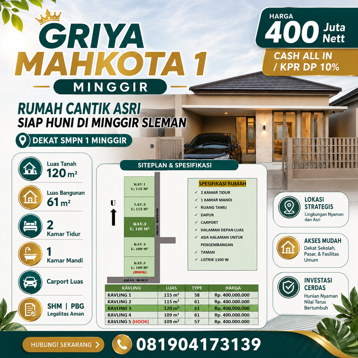 Griya Mahkota 1 - Rumah Cantik Minimalis Modern dekat Pasar Kebonagung Minggir Sleman