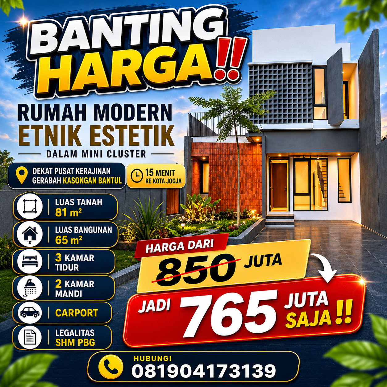 Rumah Cantik Modern Naturalis Estetik 2 Lantai di Sewon dekat Kampus ISI