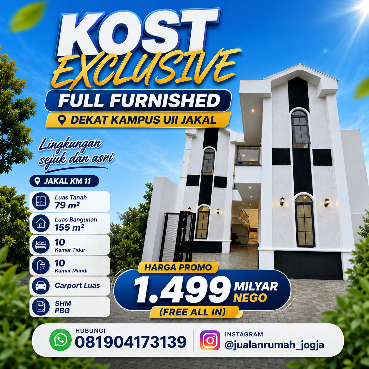 Kost Eksklusif Modern Cantik Estetik 10 Kamar Furnished Dekat Kampus UII