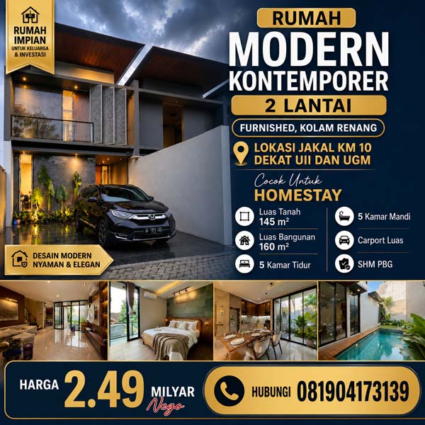 Rumah Kontemporer Modern 2 Lantai Full Furnished Private Pool Di Jalan Kaliurang Km 10