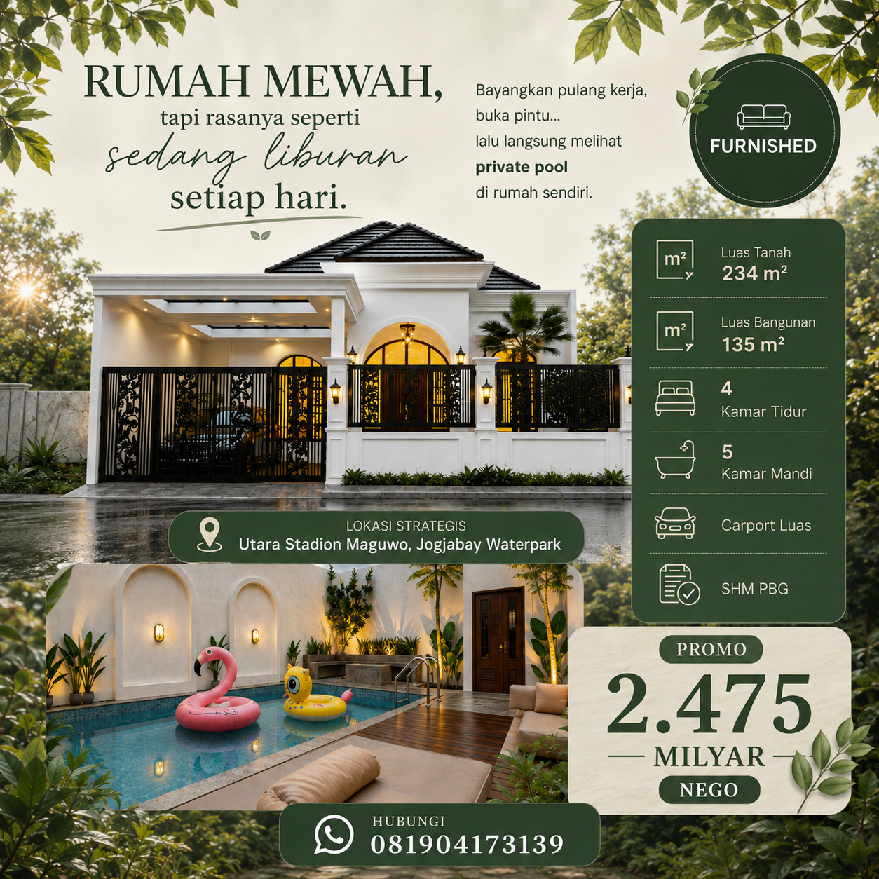 Rumah Mewah American Classic Konsep Villa Dengan Private Pool Furnished Utara Jogja Bay
