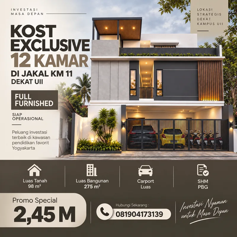 KOST EXCLUSIVE 12 KAMAR DI JALAN KALIURANG KM 11 DEKAT UII