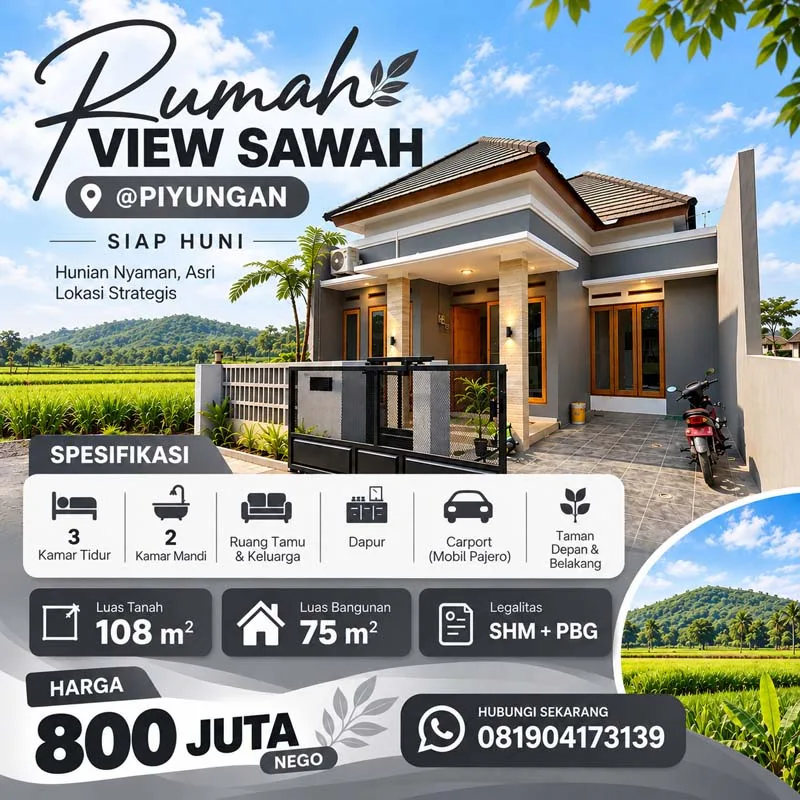 Rumah Fresh Siap Huni view sawah pinggir jalan aspal di Piyungan